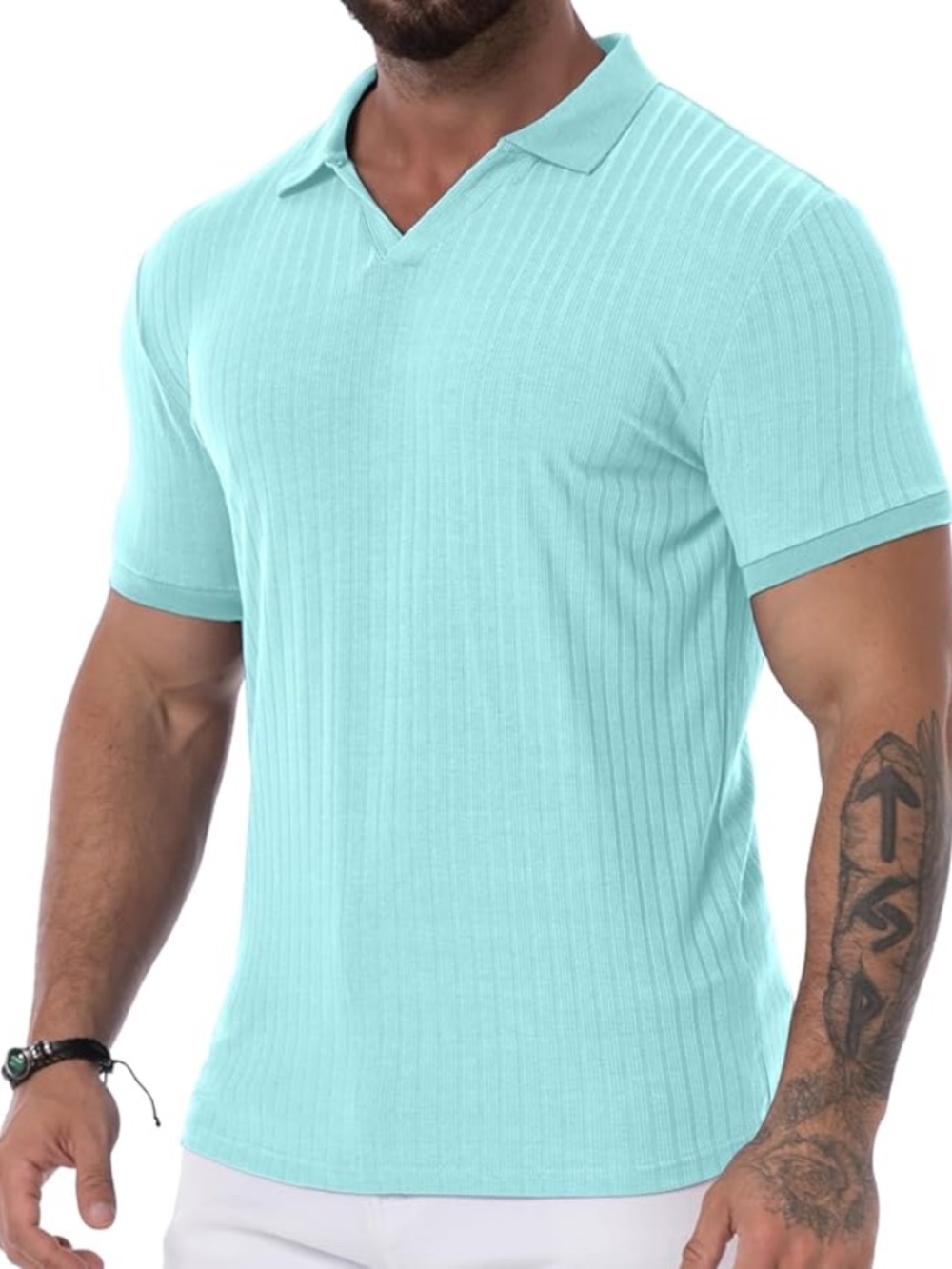 NWT Askdeer Men's Muscle Polo Shirts V Neck Slim Fit Ribbed T Shirts Short/Long